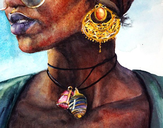 ORIGINAL Watercolor Portrait of Beautiful Woman - African American Art