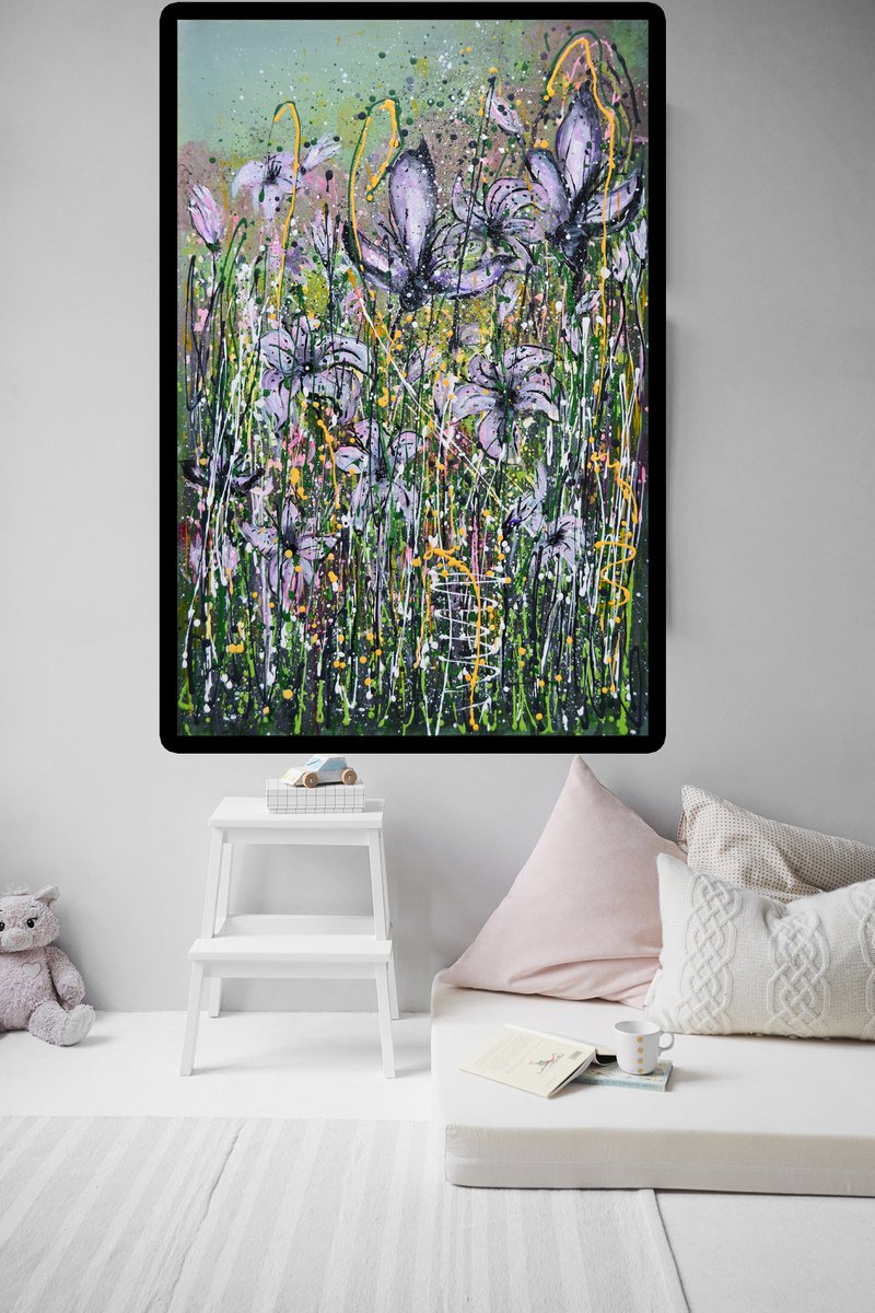 Impressionistic Botanical Acrylic Painting By Misty Lady - M. Nierobisz, 24 X 36", Somewhere In The Grass, Original Artwork