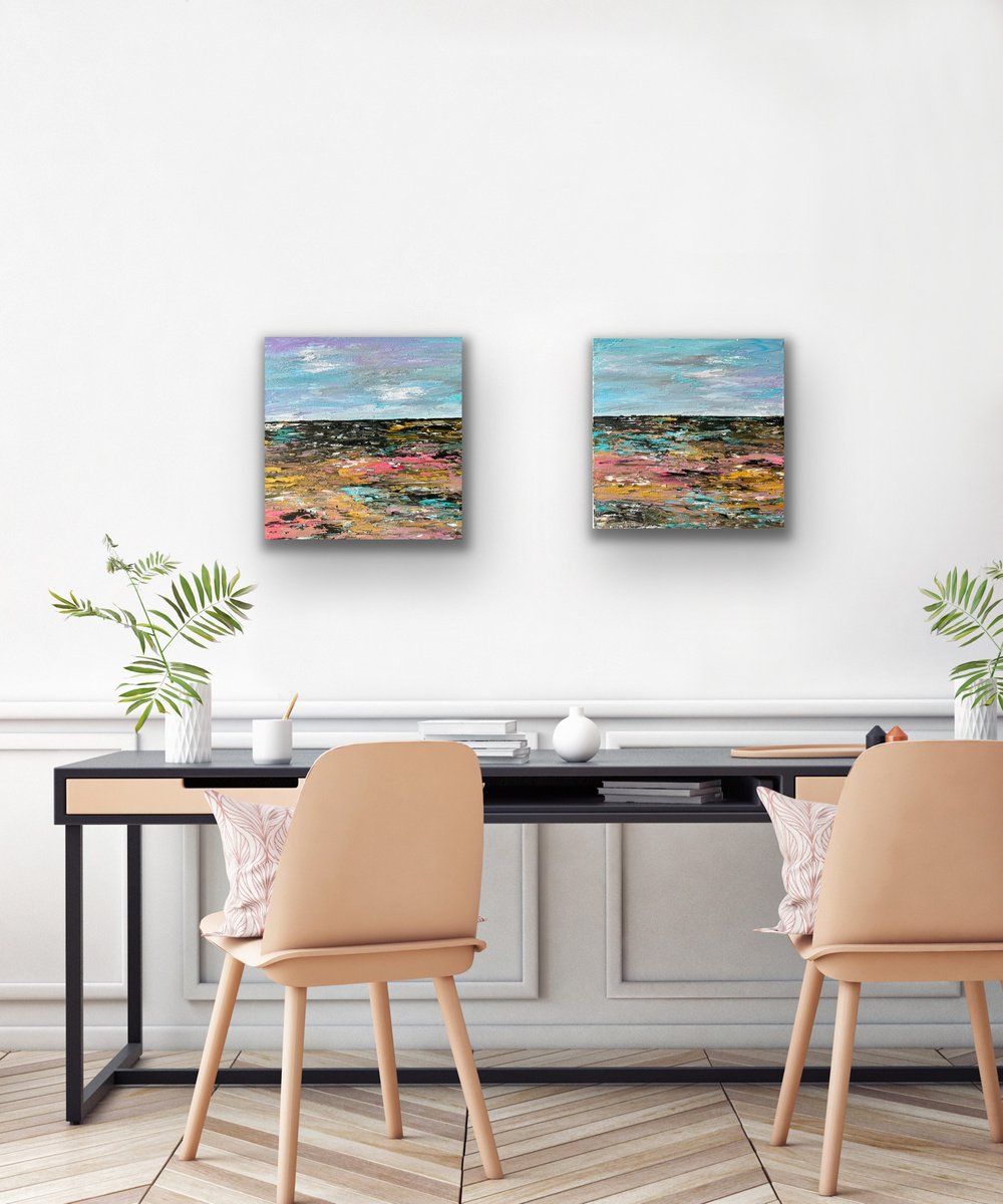 Abstract Landscape Acrylic Painting By Pooja Verma, 24 X 12", Landscape Of Summer - Diptych, Original Artwork