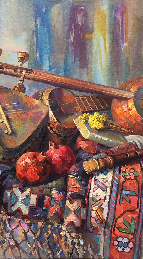 Still life with duduk, qamancha and tar by Meruzhan Khachatryan