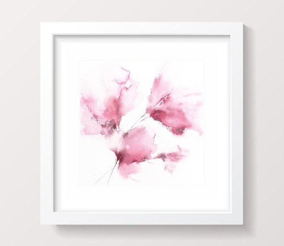 Pink abstract flowers, small watercolor painting