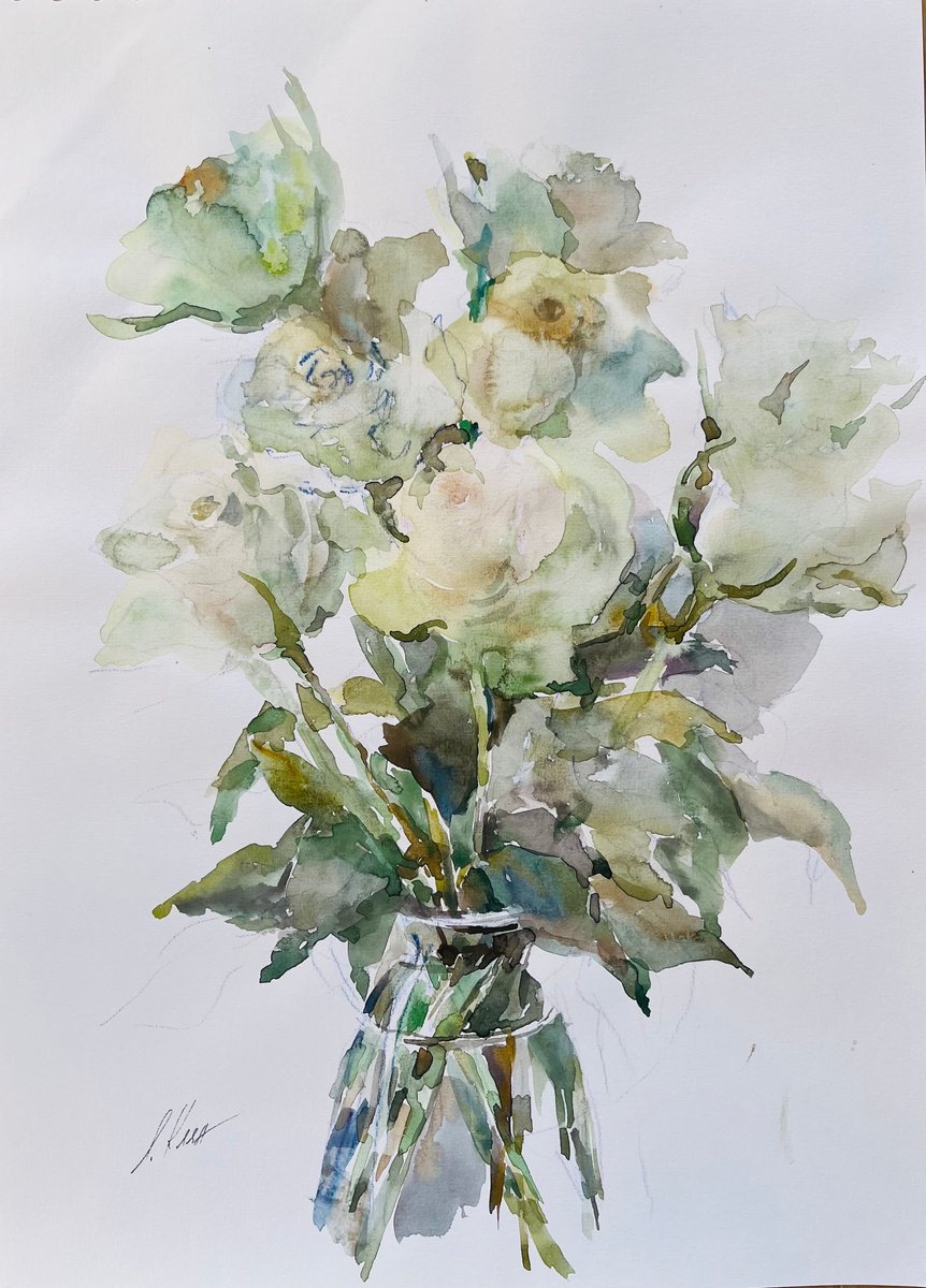 Impressionistic Botanical Watercolour By Elena Klyan, 12 X 16, Roses 2024, Original Artwork