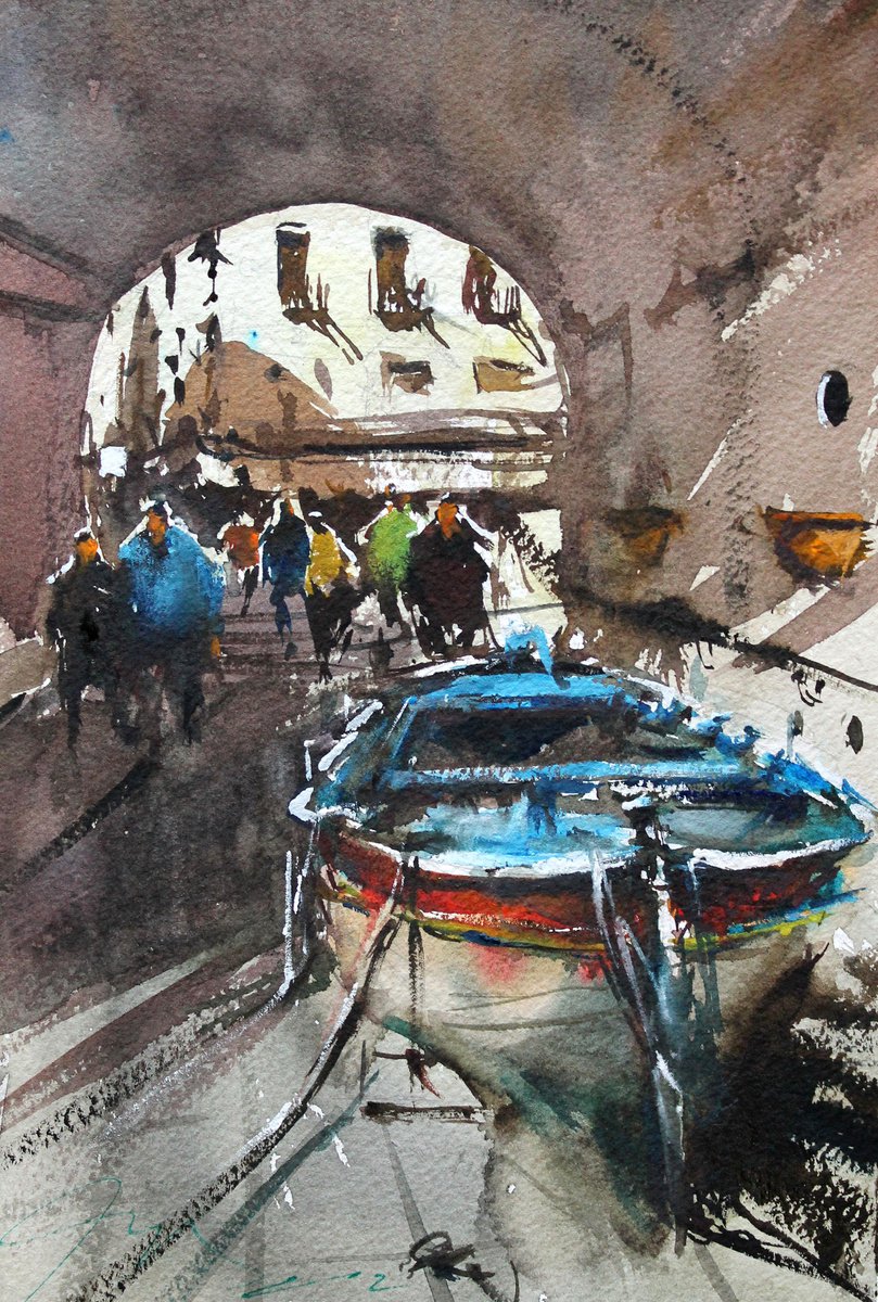 Impressionistic Cityscapes Watercolour By Maximo Damico, 7 X 11", Boat Sketch Ii, Original Artwork