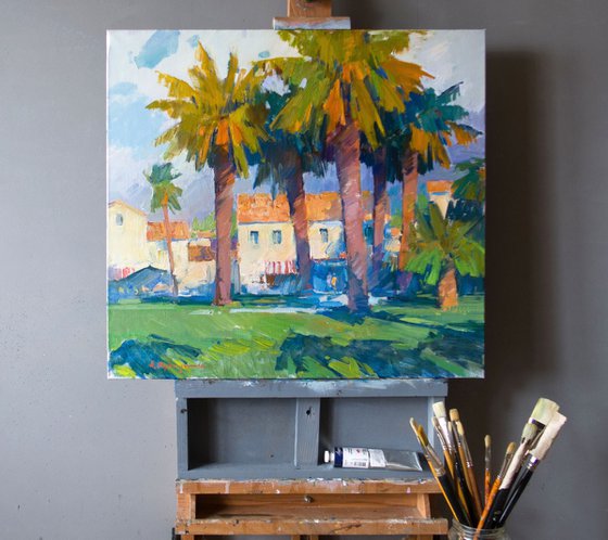 Cafe under palms. Morning