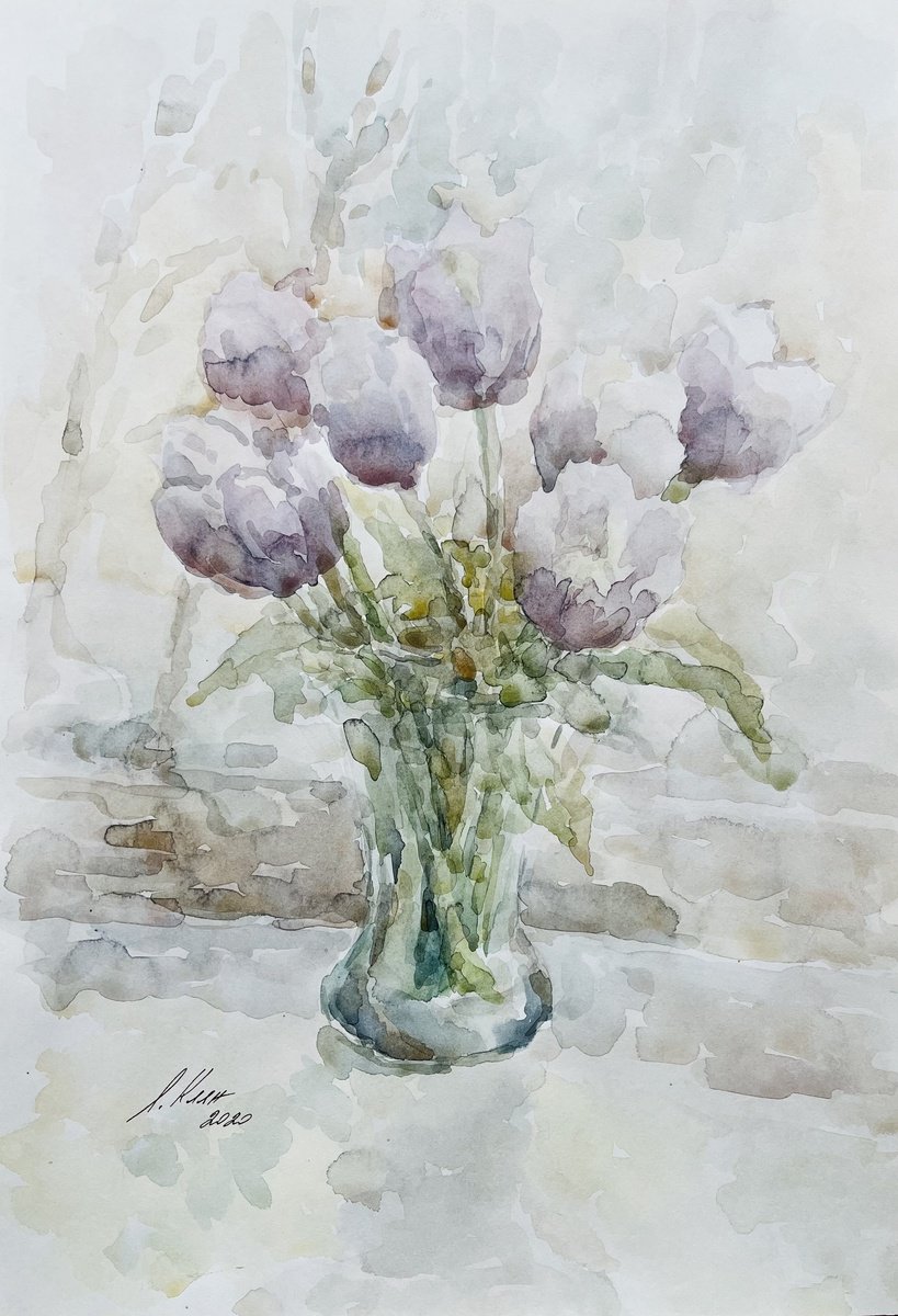 Impressionistic Still Life Watercolour By Elena Klyan, 11 X 16, Tulips Watercolour Painting, Original Artwork