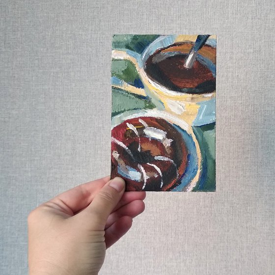 Coffee and Donut. Oil Painting.