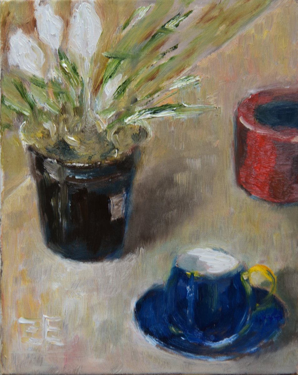 White crocuses and blue cup by Elena Zapassky