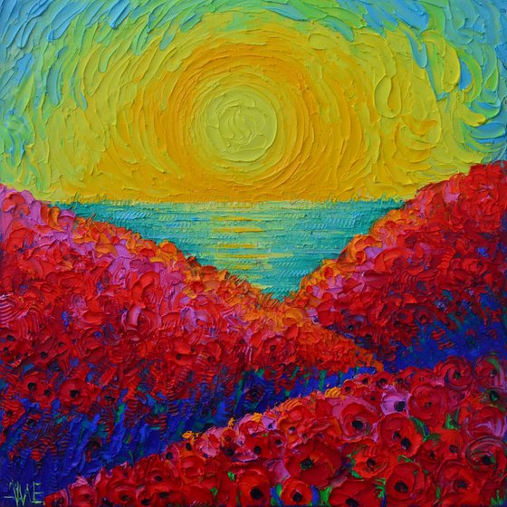 RED POPPIES BLOOMING PLANETS AT SUNRISE abstract landscape textural impressionist impasto palette knife oil painting by Ana Maria Edulescu