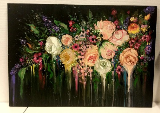 "Shabby chic Valentines flowers" Original acrylicl painting ,70x100x4cm.,ready to hang.