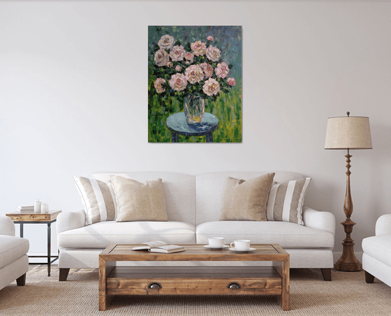Pink roses (100x80cm, oil painting, palette knife)
