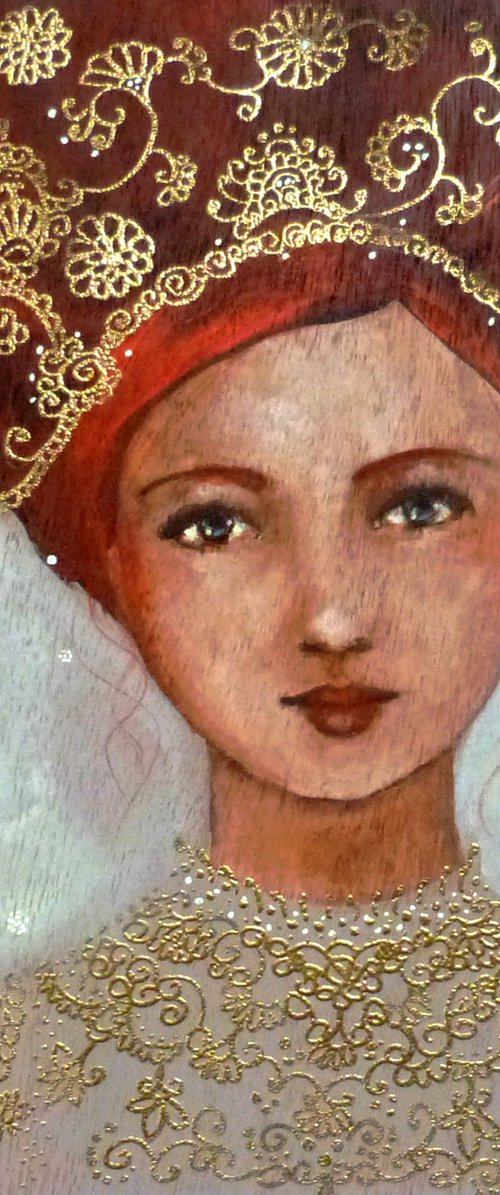Blanche, pensive. Painting on wood: Redheaded woman in an icon style by Loetitia Pillault