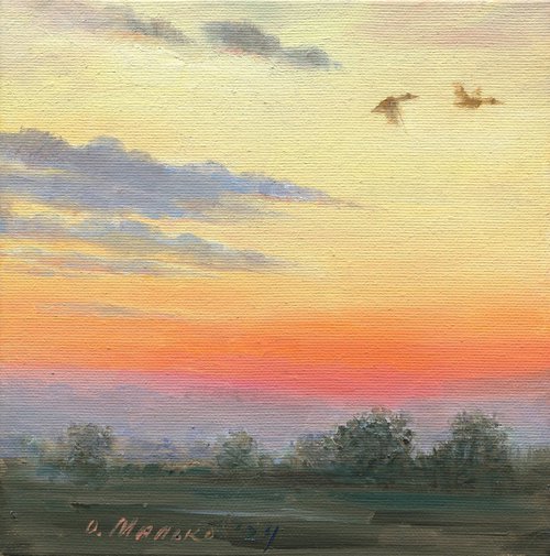 Wild ducks in the evening sky /ORIGINAL oil picture ~8x8in (20x20cm) by Olha Malko
