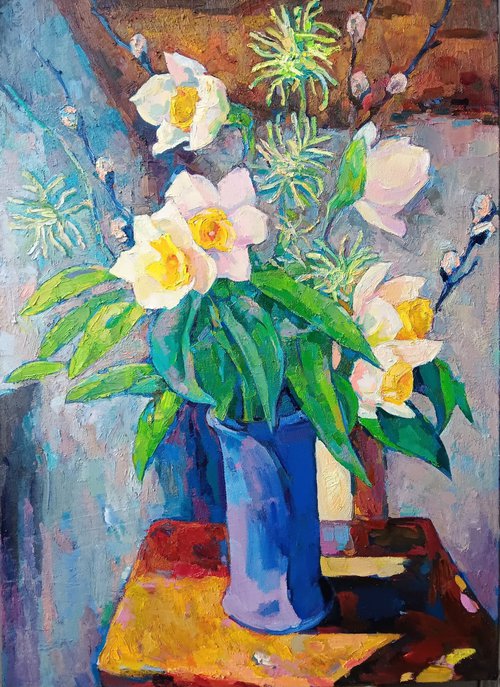 BLUE VASE.  STILL LIFE WITH PUSSY WILLOW AND DAFFODILS. by Ruslan Khais