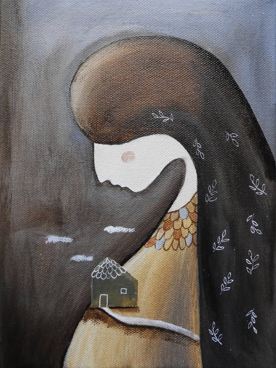 Illustrative Portrait Painting By Silvia Beneforti, 7 X 9", Thinking About Home, Original Artwork