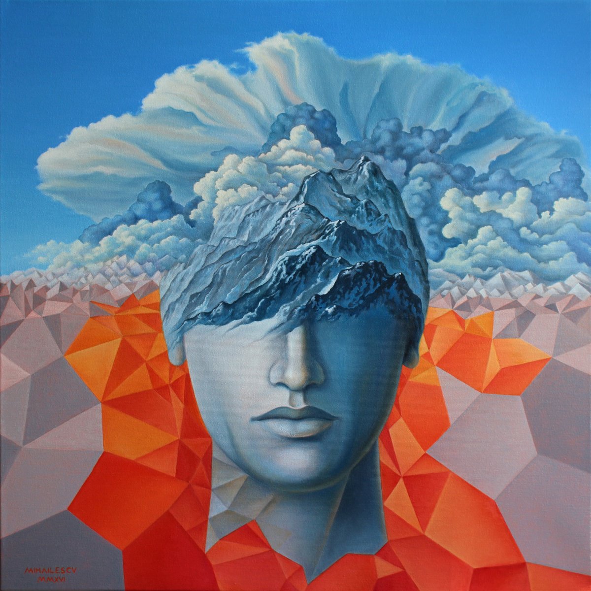 Surrealistic Portrait Oil Painting By Ciprian Mihailescu, 24 X 24, Angst, Original Artwork