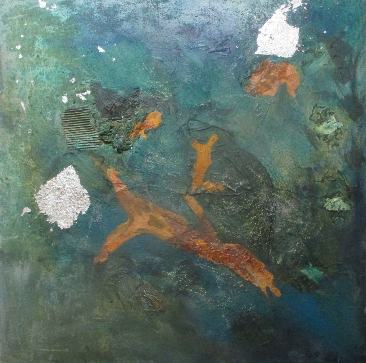 ocean blue - abstract rust - informel collage painting xl 39x39 inch by Sonja Zeltner-Muller