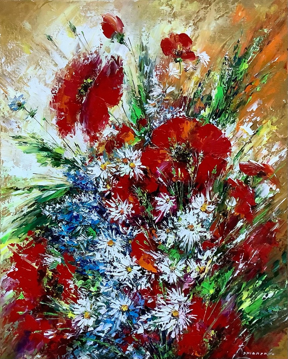 Impressionistic Botanical Oil Painting By Olena Romanenko, 16 X 20", Poppy Charm, Original Artwork