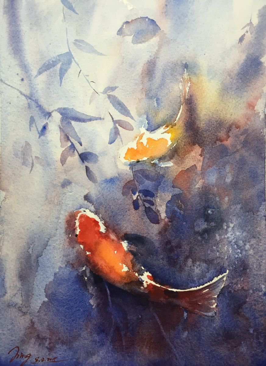 Impressionistic Animal Watercolour By Jing Chen, 11 X 15, Fish Romance 2, Original Artwork