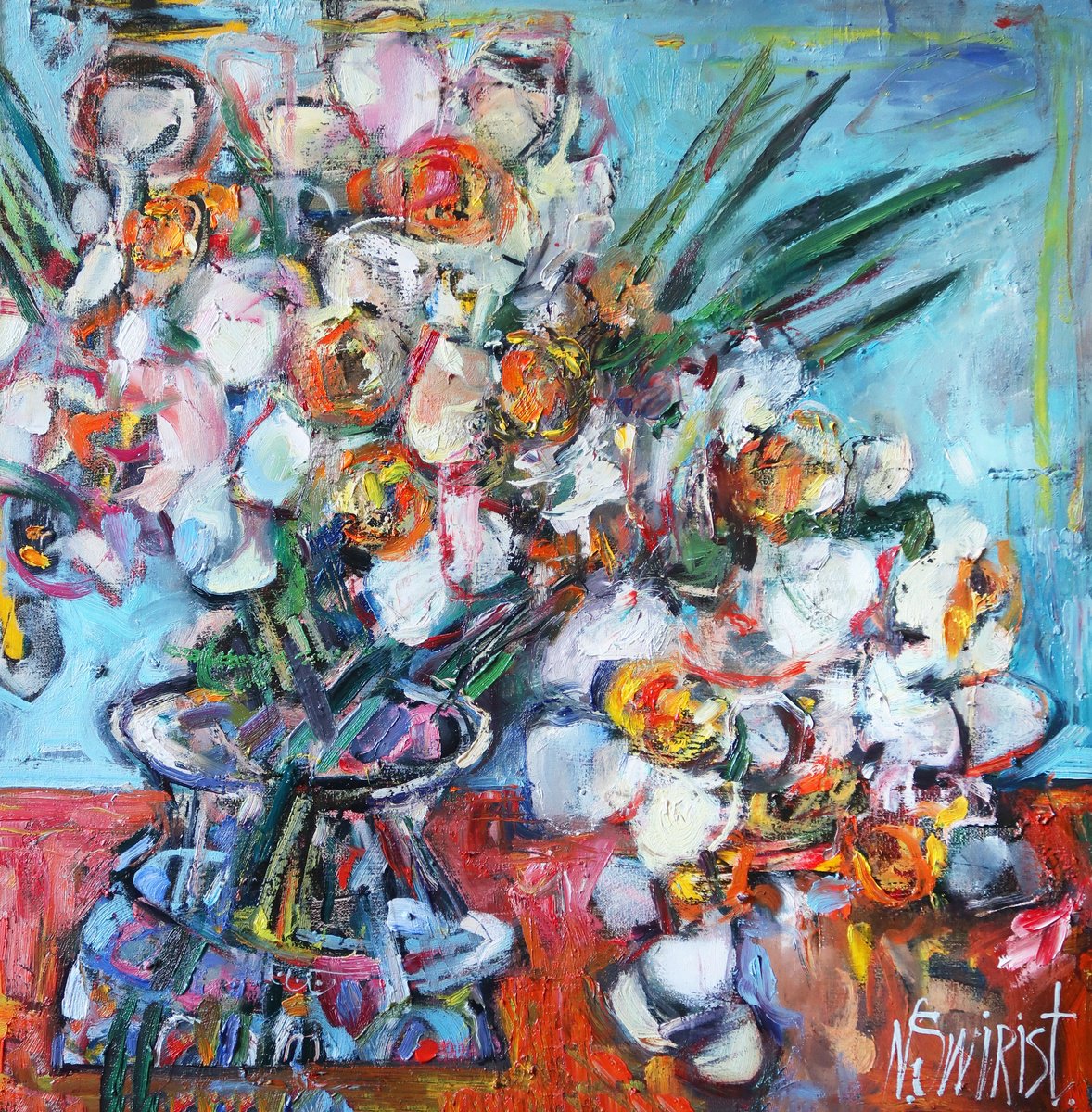 Impressionistic Botanical Oil Painting By Nikifor Swiristuhin, 20 X 20", Daffodils.25, Original Artwork