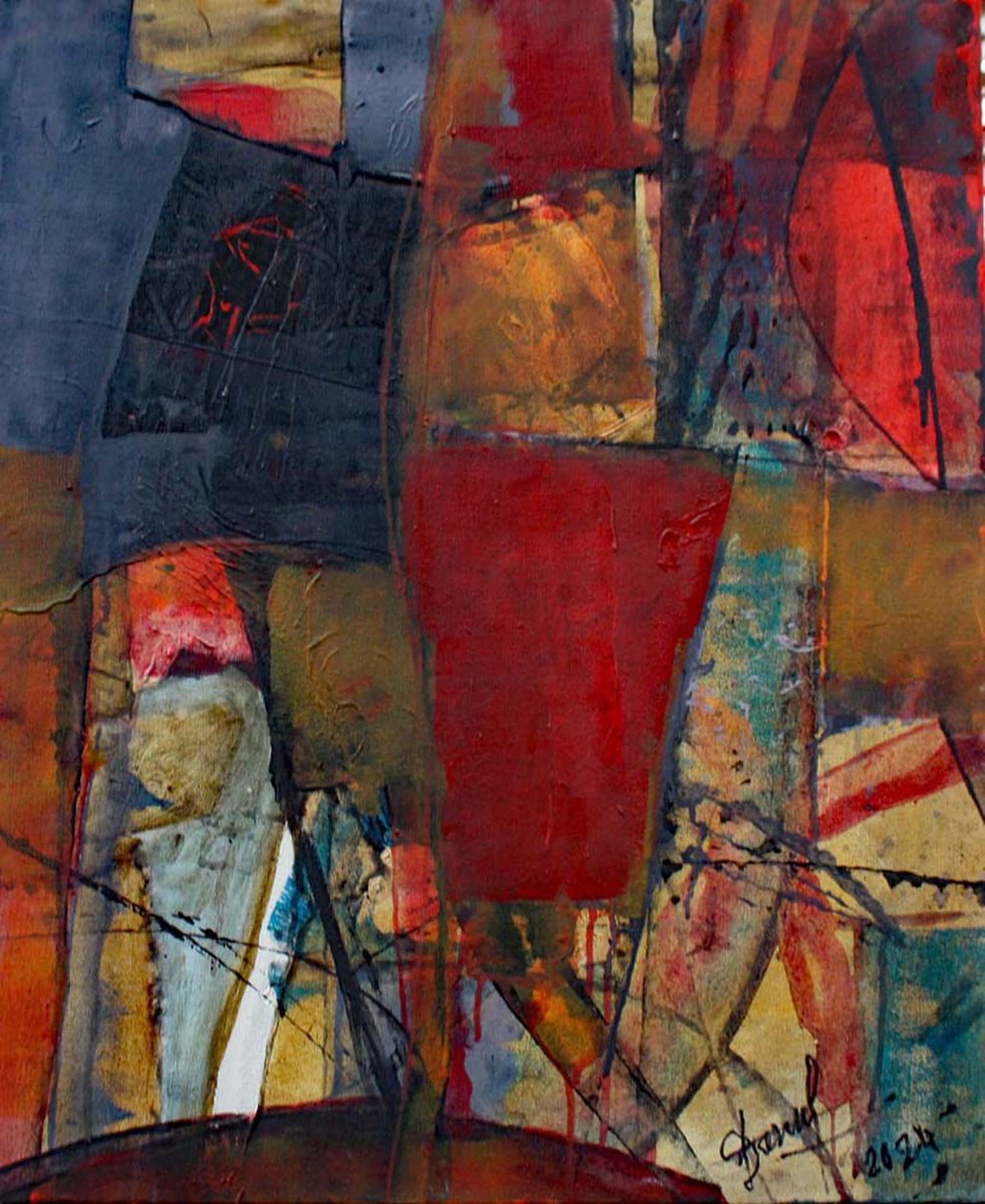 Geometric Abstract Acrylic Painting By Jacques Donneaud, 20 X 25, Abstraction Au Vase Rouge, Original Artwork