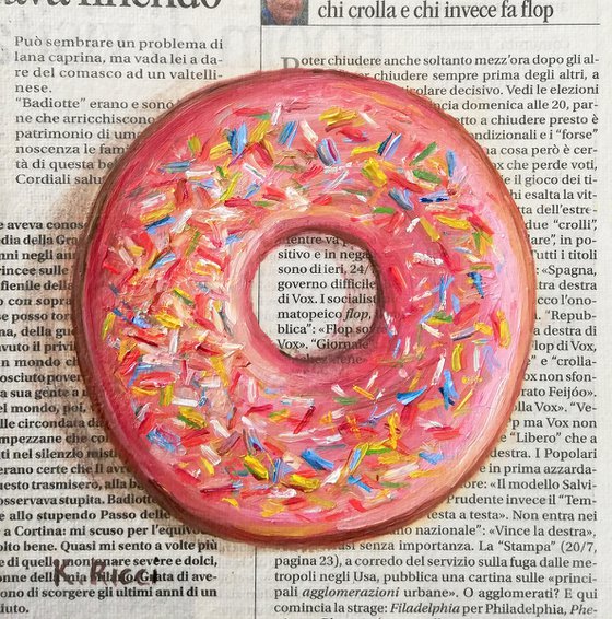 "Pink Donut on Newspaper" Original Oil on Canvas Board Painting 6 by 6 inches (15x15 cm)