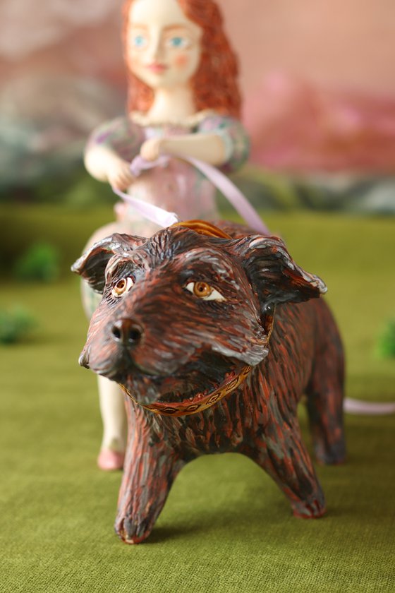 Girl Walking her Dog. Ceramic Sculpture by Elya Yalonetski