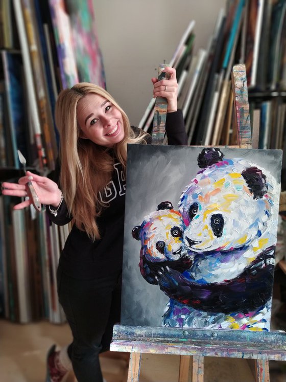 When mother is near -  panda, pandas, panda oil painting, mother's love, animal, animal face, love, mother, painting on canvas, gift, animals art, animals oil painting