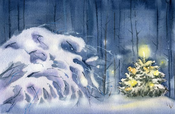 Christmas tree with garlands in the winter forest. Watercolor artwork.