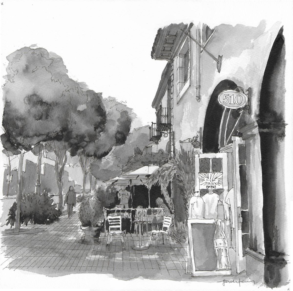 Expressive Cityscapes Watercolour By Gozde Temiz Istanbul, 12 X 12, Street View Of Santa Barbara, Original Artwork