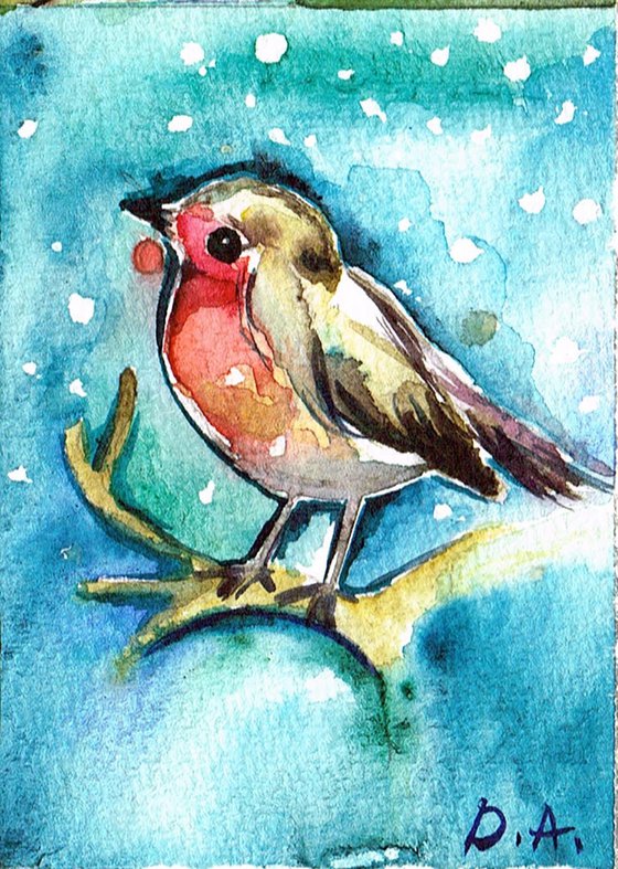 Robin, Original watercolour ACEO painting