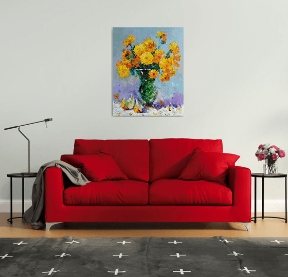 Still life - Yellow flowers (100x80cm, oil painting, palette knife)