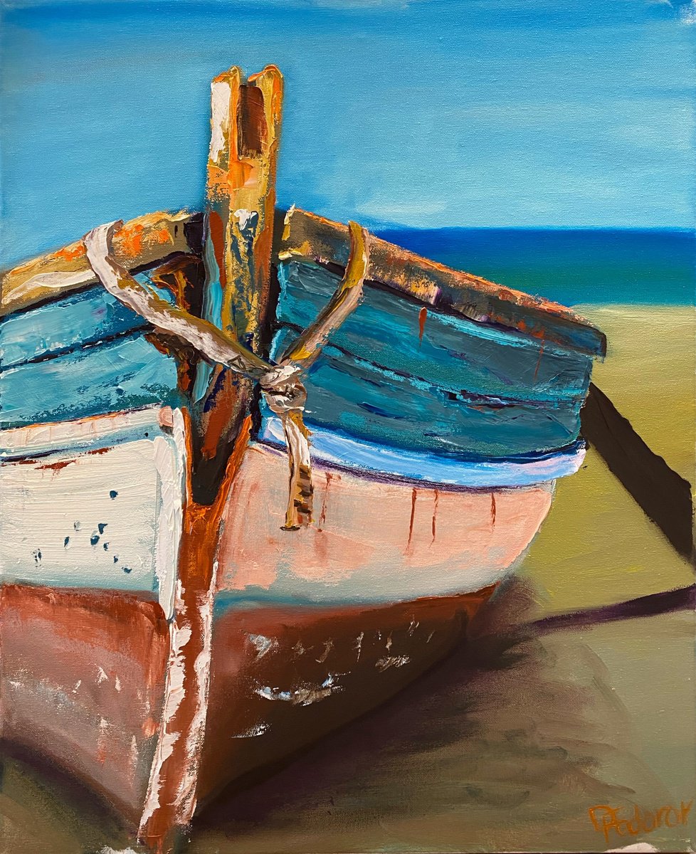Impressionistic Landscape Oil Painting By Dmitry Fedorov, 20 X 24, Old Fishing Boat, Original Artwork