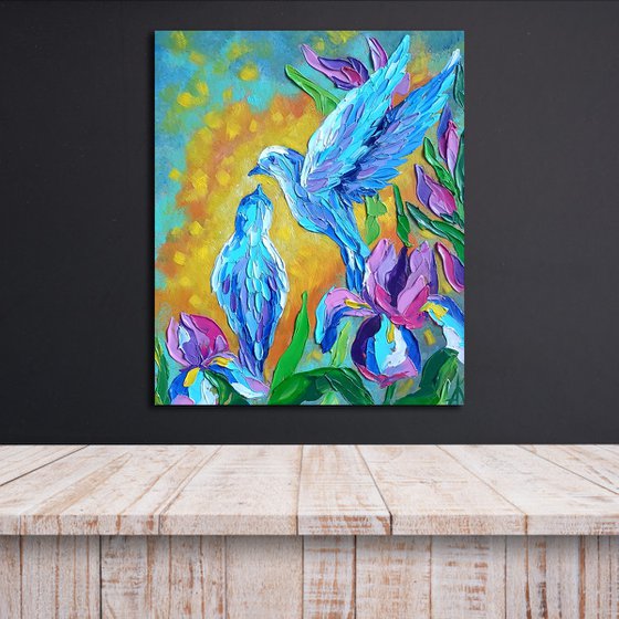 Dance and love - love, birds, bird, love, irises, flowers, oil painting, irises flowers, gift idea