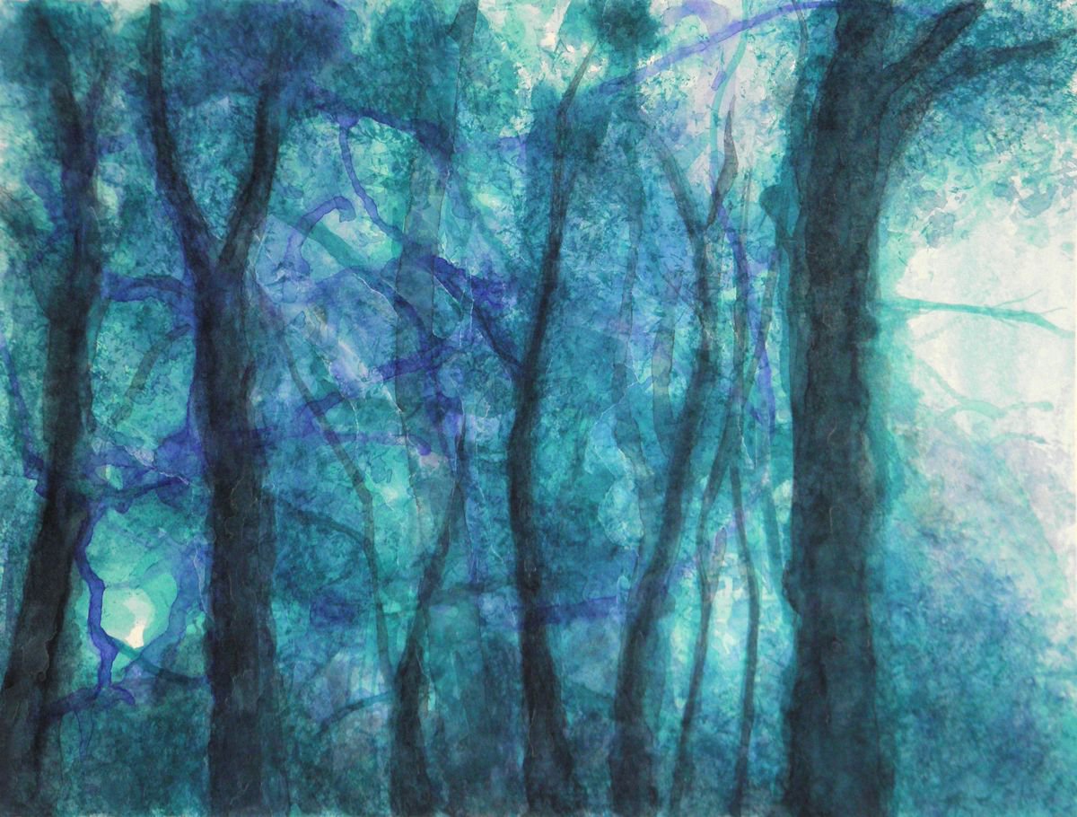 In the woodland : The witches trees #3- medium size watercolor on paper by Fabienne Monestier