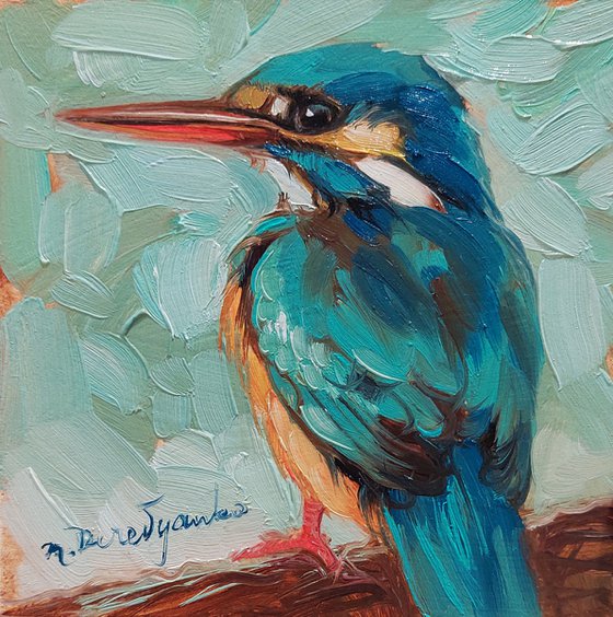 Kingfisher bird tiny painting original art framed, Picture 4x4 turquoise artwork bird wall art decor, Quote signs gift animal art lover