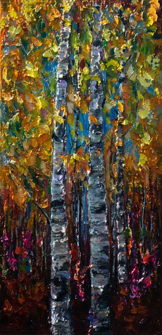 Birch Trees 1 A Palette Knife Oil Painting on Canvas -  10" X 20" X 0.5"