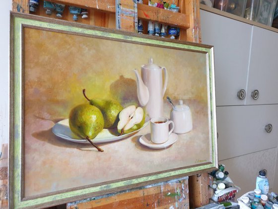 "Evening tea with pears. " still life teapot pear liGHt original painting  GIFT (2020)