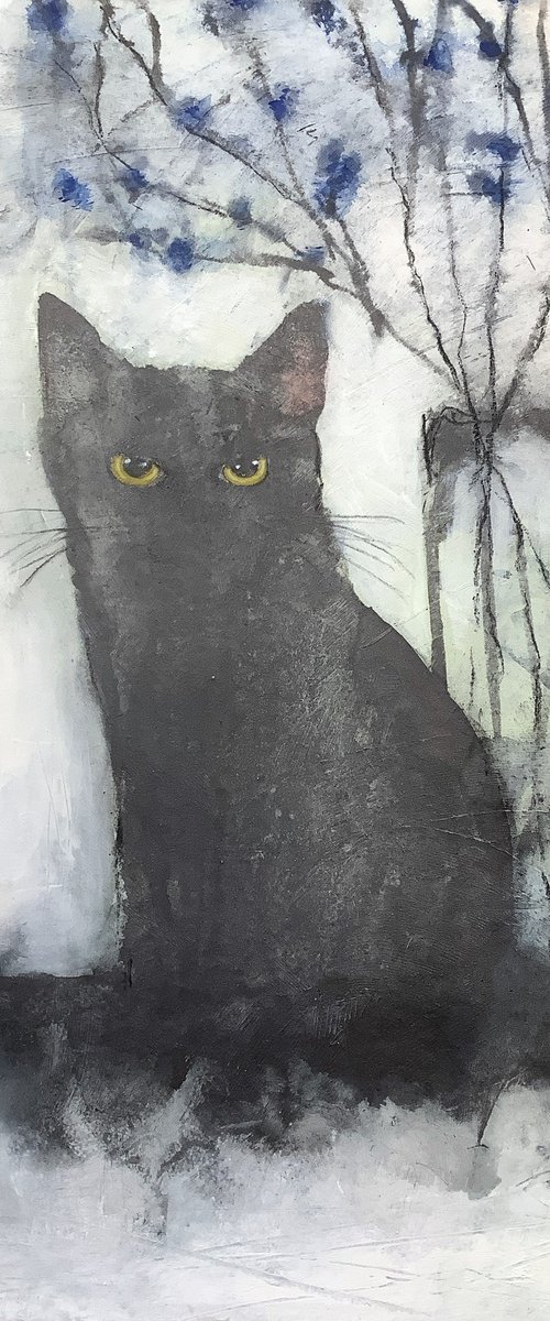 CHAT NOIR ET FLEURS BLEUS by Eva Fialka