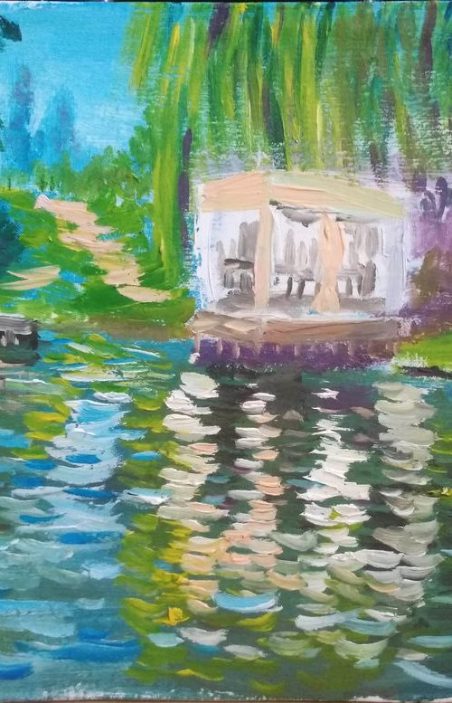Cafe on the Pond in the Village Plein Air Painting by Dmitry Fedorov
