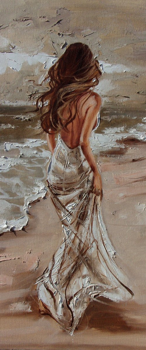 " SEASAIDE GIRL " SUN SKY SEA SAND liGHt  ORIGINAL OIL PAINTING, GIFT, PALETTE KNIFE by Monika Luniak