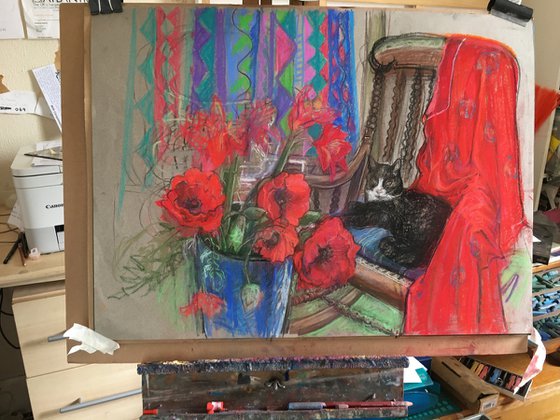 Black cat with Poppies