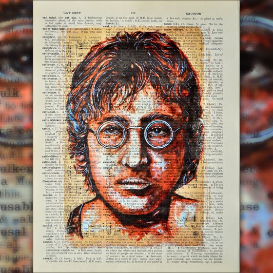 John Lennon - Collage Art on Large Real English Dictionary Vintage Book Page