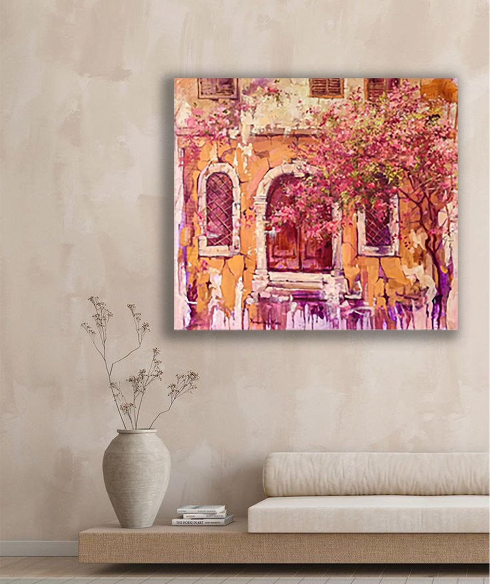 Impressionistic Cityscapes Oil Painting By Natalia Yampolskaia, 35 X 31", When Does The Oleander Bloom?, Original Artwork