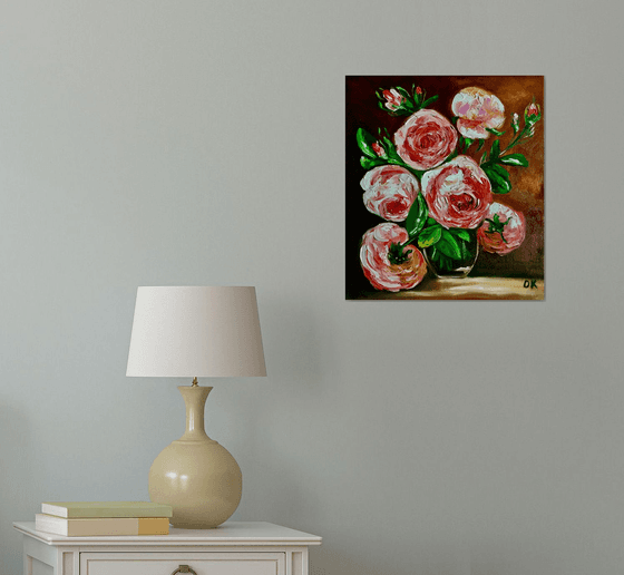 BOUQUET OF CORAL ROSES #2   palette knife modern red pink still life  flowers Dutch style office home decor gift