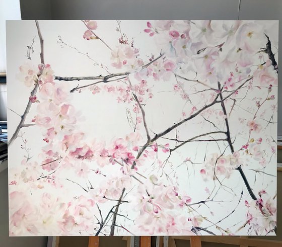 Oil painting with sakura "Spring" 100 * 80 cm