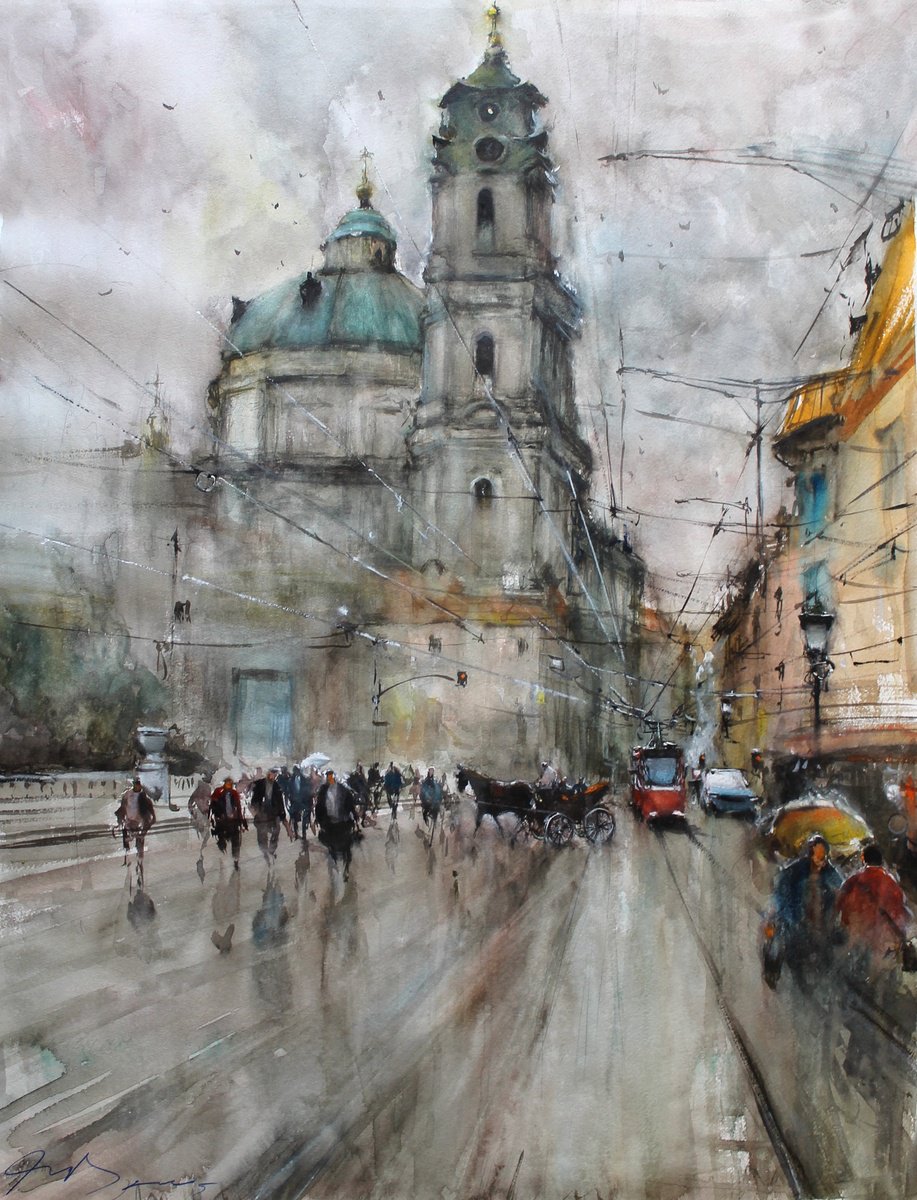 Impressionistic Cityscapes Watercolour By Maximo Damico, 25 X 31", Prague Malostranske Namesti? And Clock Tower, Original Artwork