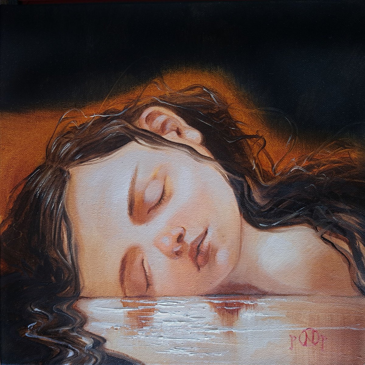 Surrealistic Portrait Oil Painting By Nataly Derevyanko, 8 X 8", Between Worlds, Original Artwork