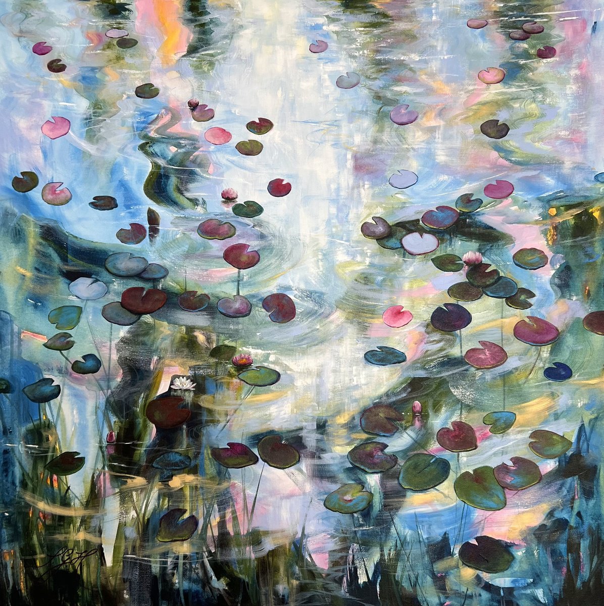 Impressionistic Landscape Acrylic Painting By Sandra Gebhardt-Hoepfner, 31 X 31", Happy At The Pond 8, Original Artwork