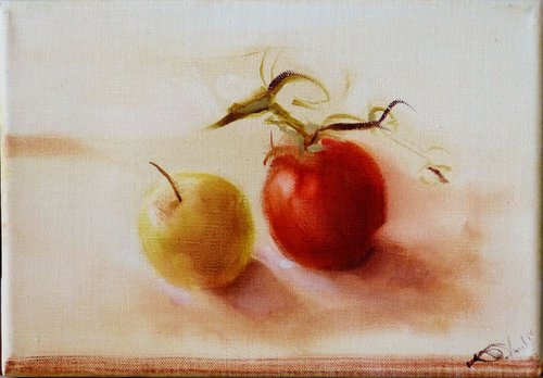 Still Life: Tomato and Apple, oil on canvas 27x19 cm, ready to hang by Frederic Belaubre