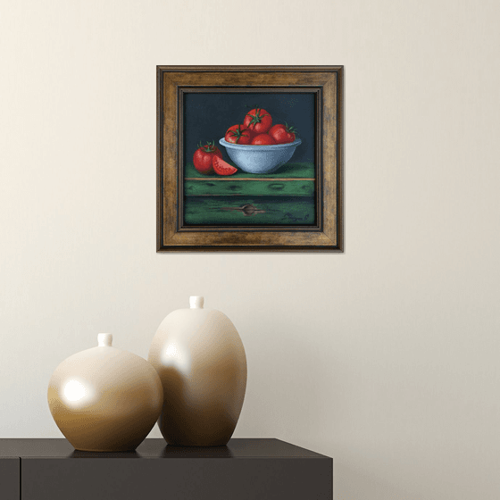 Still life tomatoes (25x25cm, oil painting, ready to hang)